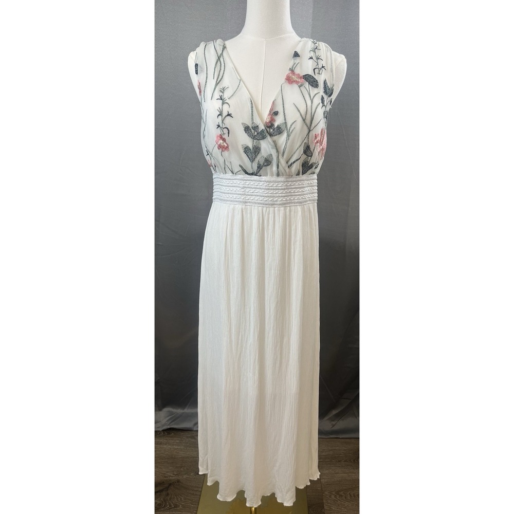 Lapis Anthropologie White Gauze Embroidered Floral Maxi Dress Sleeveless Boho L